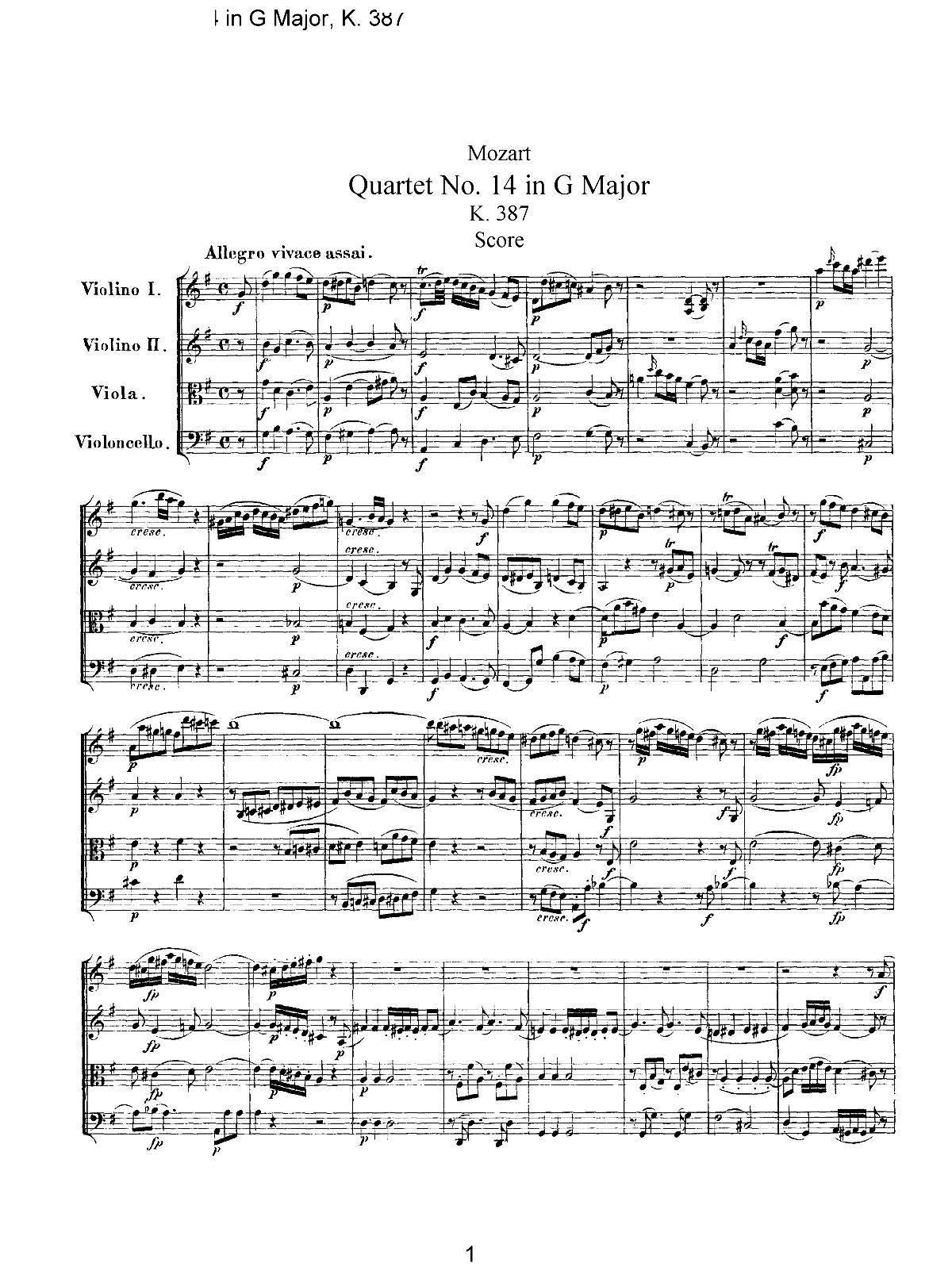 Mozart Quartet No 14 in G Major K 387(V)1