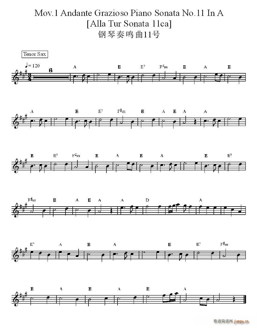 Mov.1 Andante Grazioso Piano Sonata No.11 IN A(V)1
