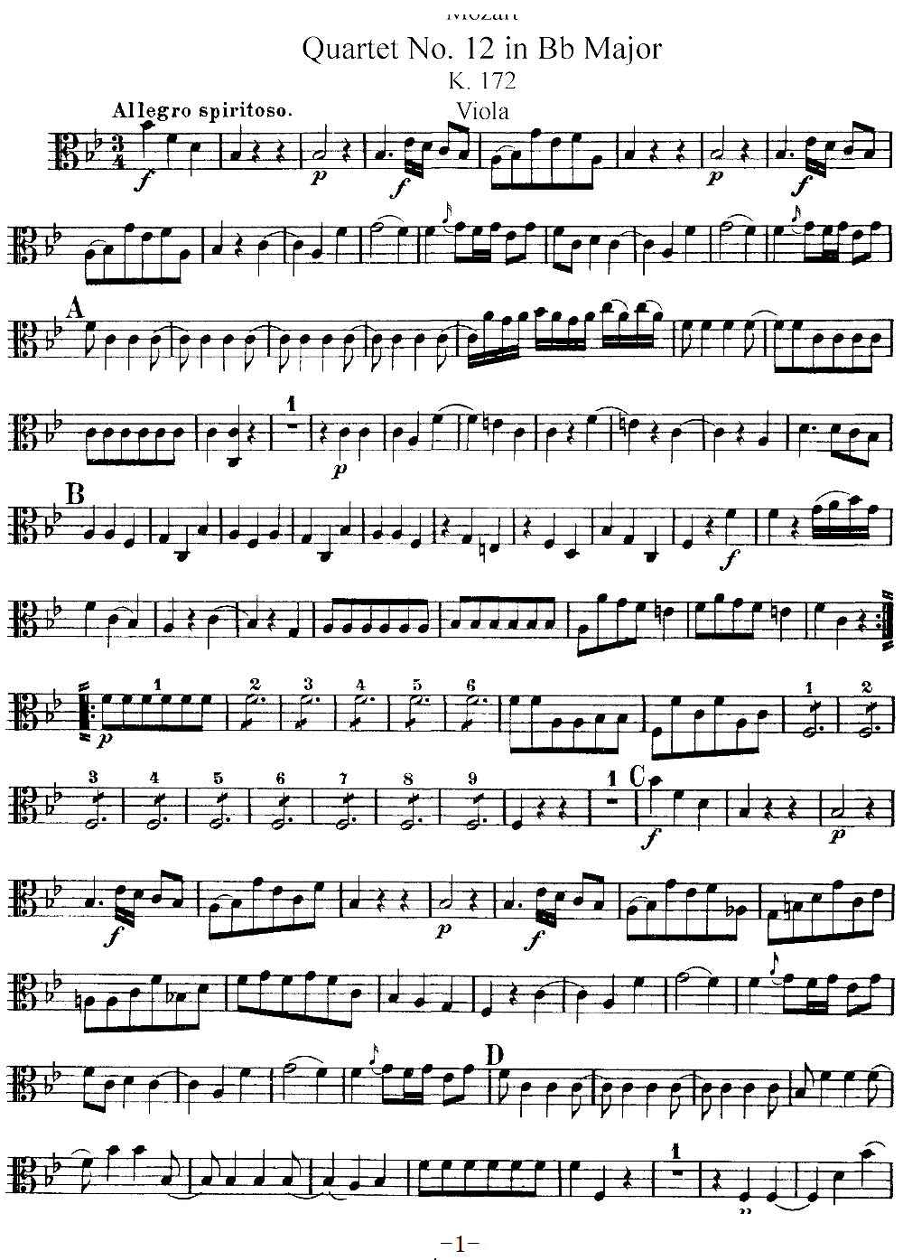 Mozart Quartet No 12 in Bb Major K 172 Viola(ʮּ)1