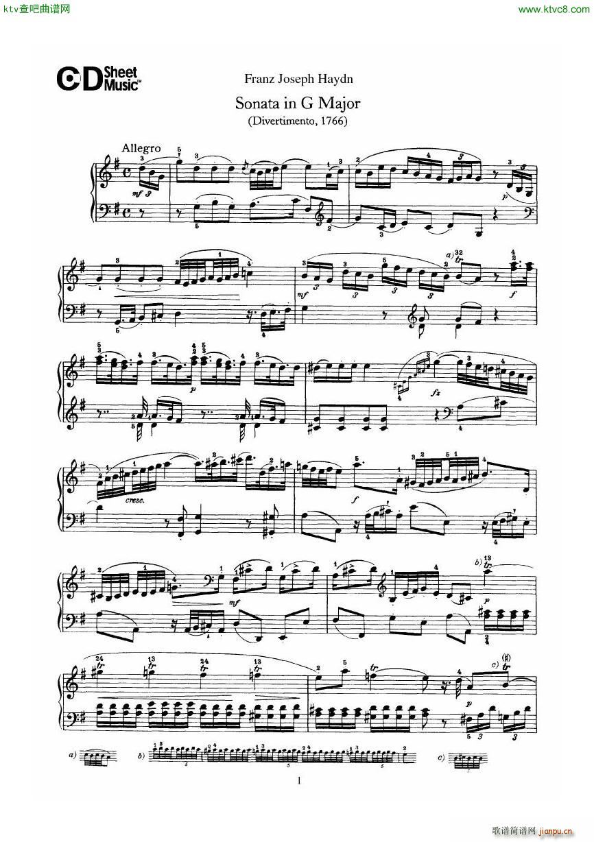 Haydn Joseph Sonata no 6 in G Major(V)1