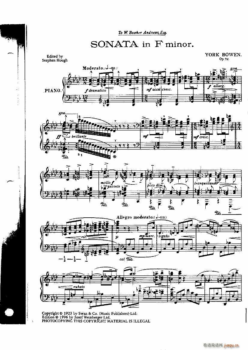 Bowen Op 72 Piano Sonata No 5 in F(V)1