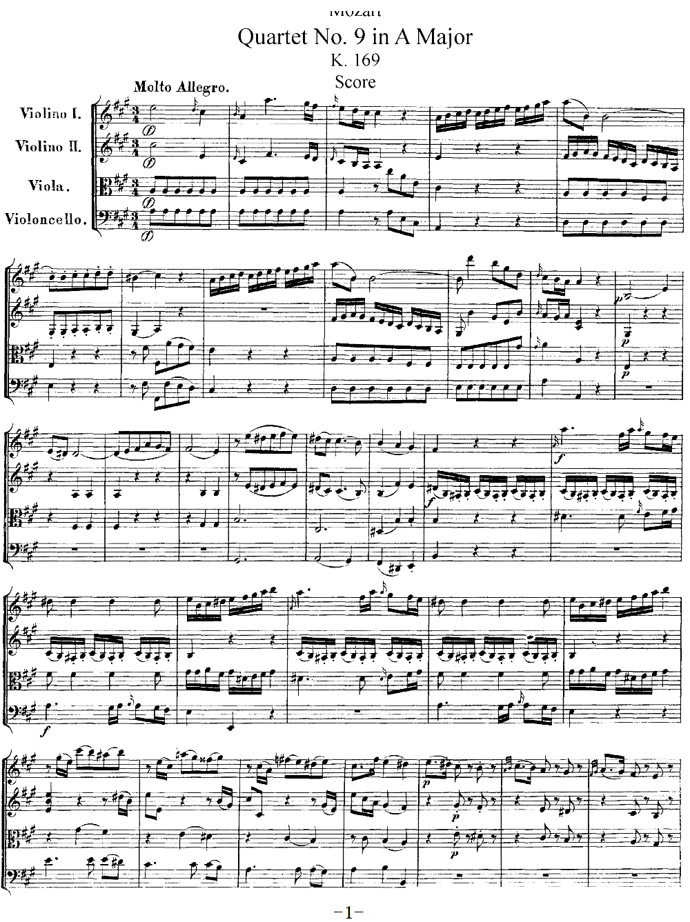 Mozart Quartet No 9 in A Major K 169(V)1