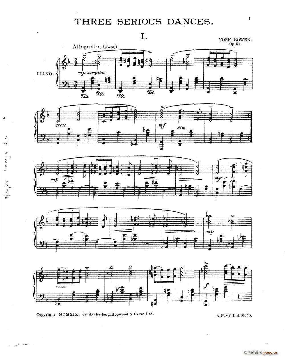 Bowen Serious Dances for piano Op 51(V)3