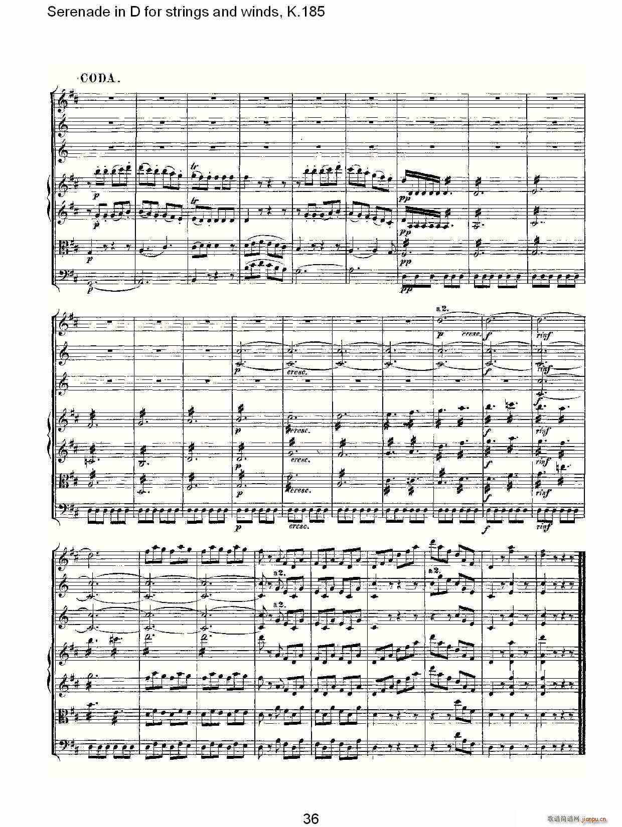 Serenade in D for strings and winds, K.185(ʮּ)36