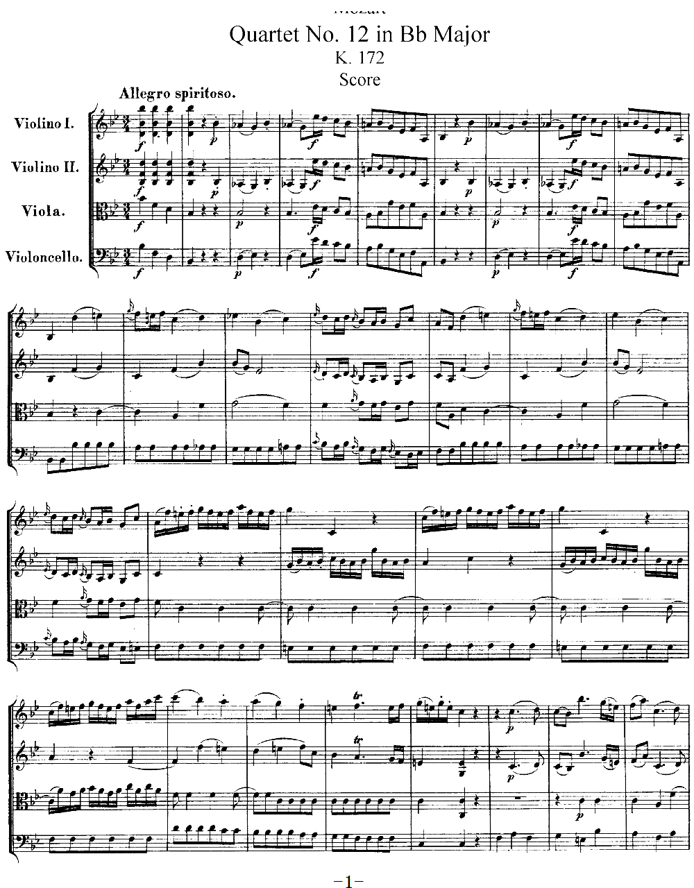 Mozart Quartet No 12 in Bb Major K 172(V)1